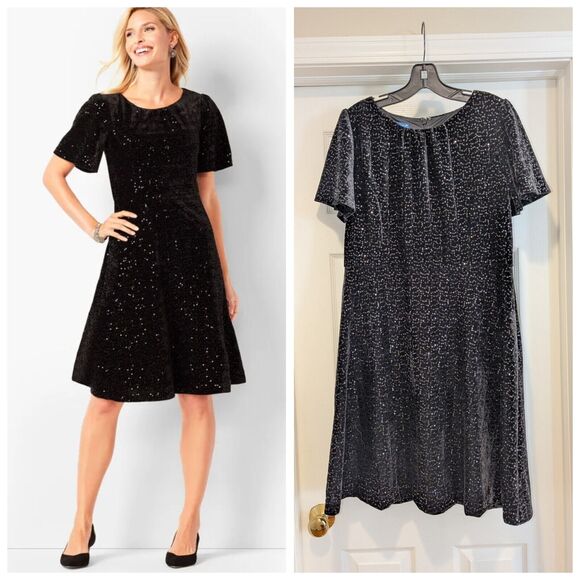 Talbots RSVP Size 12P Black Velvet Sequins Fit And Flare Dress Formal Winter s27 - Picture 1 of 10